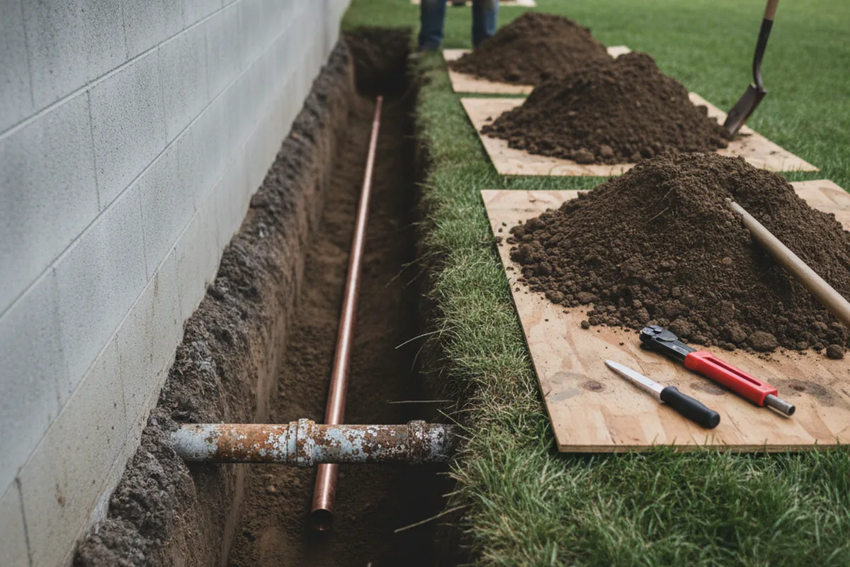 Excavated water line trench during Water Heater Repair in Santa Clarita